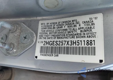 2003 Honda Civic Ex from USA, damaged, VIN 2HGES257X3H511881